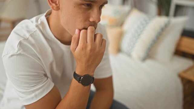 Man biting thumbnail on bed with hand to mouth gesture, wearing white tshirt and wristwatch in building; pensive solitude.