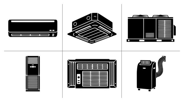 Air conditioner icons set with split, ceiling, outdoor, tower and portable units for climate control