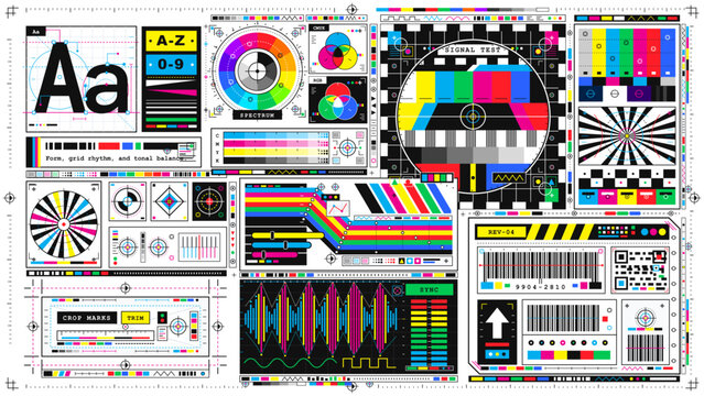 Technical color calibration chart featuring a spectrum wheel and broadcast signal test pattern with color bars and print registration marks