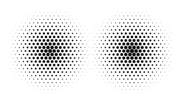 Black and white halftone clusters show circular dots and hexagonal shapes growing larger toward their centers and shrinking toward the edges on a clean white background