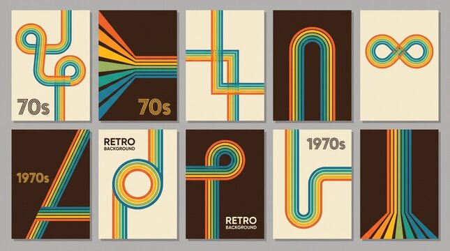 Ten vertical retro graphic design posters featuring abstract colorful line patterns on solid backgrounds