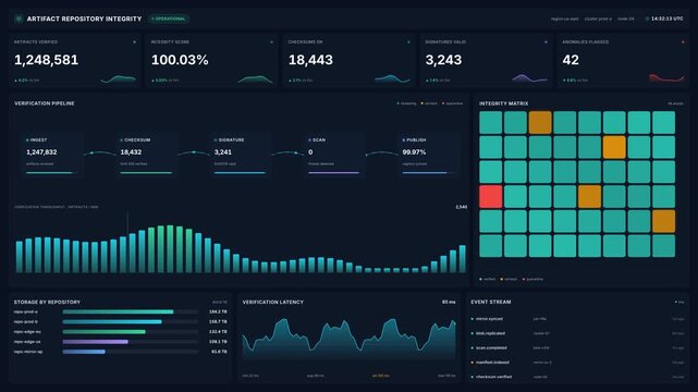 Futuristic dark digital dashboard interface monitoring artifact repository integrity, for cybersecurity, software verification, quality control, real time analytics
