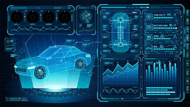 Futuristic wireframe car hovering over a glowing holographic platform beside a cyan vehicle diagnostic dashboard with gauges charts and battery status panels