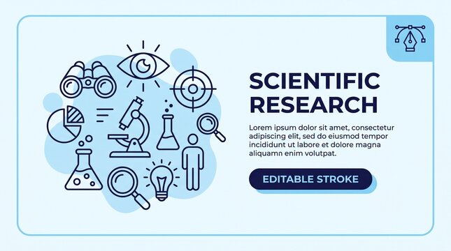 Scientific research web banner with linear icons of laboratory equipment and analytical tools on blue