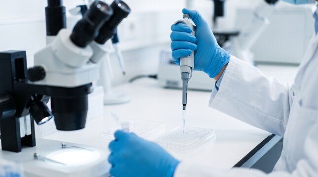 Scientist in lab coat using micropipette to dispense liquid into a multiwell plate near microscope with glove
