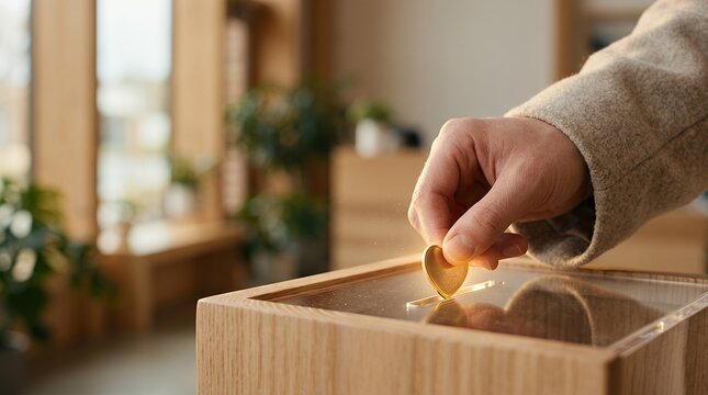 Person placing a wooden heart token into a donation box for charity.