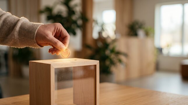 A close up of a person putting a coin into a wooden donation box.