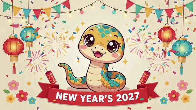 Snake character 2027 New Year celebration, cute cartoon animation with festive lanterns loop
