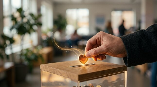 A hand placing a glowing golden heart symbol into a donation box.