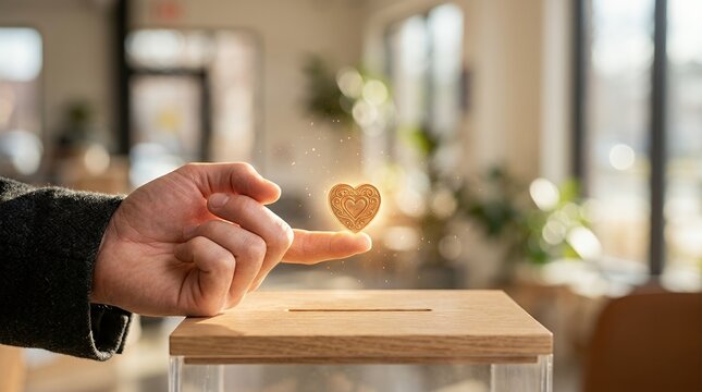 A hand placing a glowing heart symbol into a wooden donation box for charity.