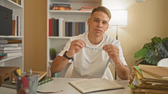 Man adjusts eyeglasses over an open textbook at a study desk with stacked folders and books in a building; focused study.