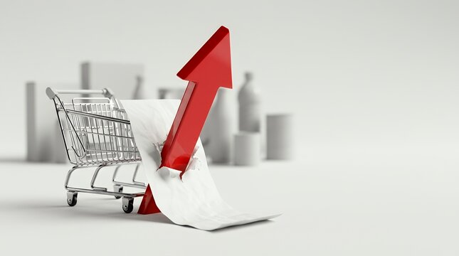 A red arrow pointing upwards breaking through a shopping cart representing rising consumer prices.