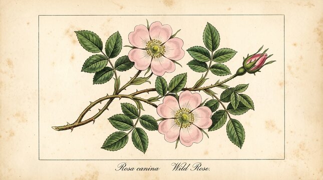 Vintage botanical illustration of a wild rose branch with pink flowers with green serrated leaves closed bud