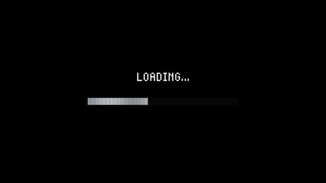 Retro Pixel Art Loading Bar Animation with White Text on Black Background Showing Progress Indicator