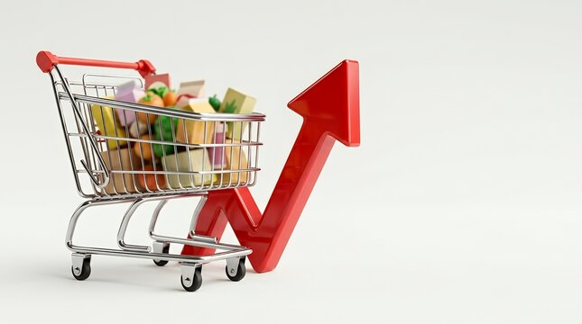 Full shopping cart with groceries next to a large red rising arrow indicating inflation.