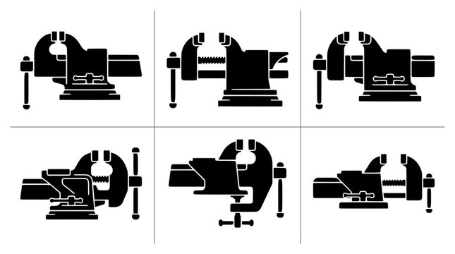 Bench vise silhouettes set with swivel base and screw mechanism, workshop tool