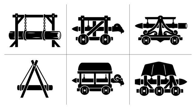 Medieval siege weapon silhouettes set with catapults, battering ram and ballista for warfare or history design