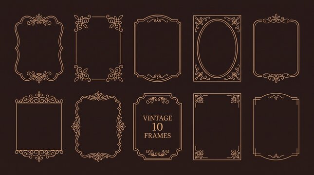 Set of ten decorative vintage frames with ornate gold line art borders on a dark brown background with design