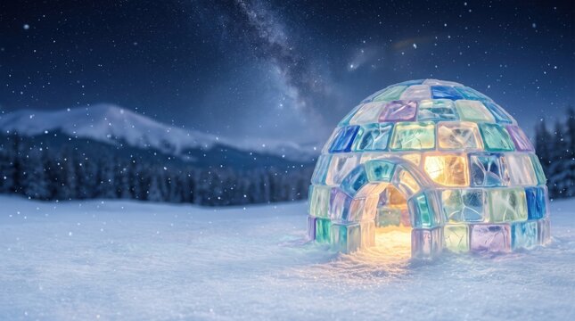 Glowing colorful ice igloo in a snowy landscape at night with starry sky and mountains. Represents arctic travel and magical holiday destination