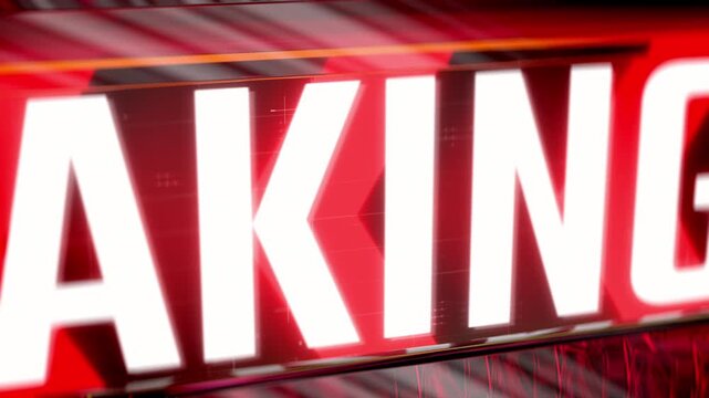 Glowing red breaking news text moving across screen, alert animation