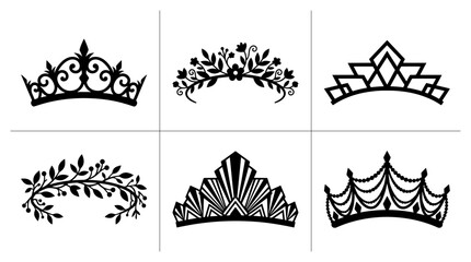 Crowns and tiara silhouettes set with floral and geometric designs, royal emblems for logos © Sirajul