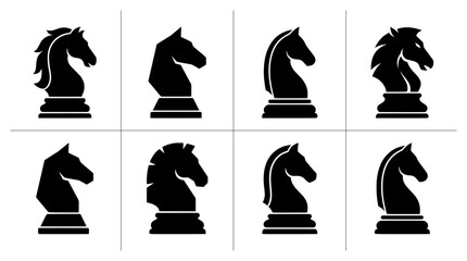 Chess knight silhouettes set with different styles, game pieces for strategy and board games © Firuj