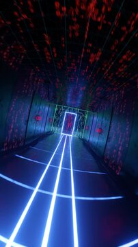 Dolly shot approaching secret doorway with glowing code, unauthorized access
