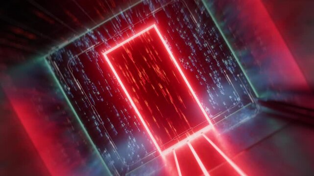 Camera moving past backdoor inscription into flashing door with programming code