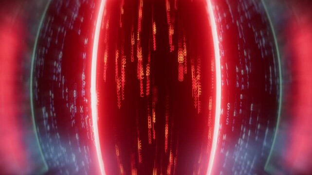 Hidden passage to computer code in futuristic red room, cyber intrusion concept