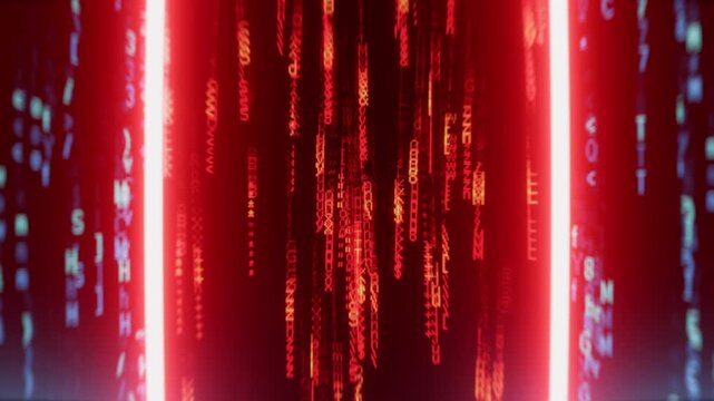 Hidden doorway revealing computer code in red room, cyberattack concept, dolly