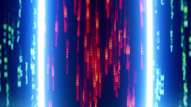 Dolly camera moving through blue room toward secret door with programming code