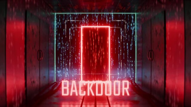 Red room with programming code behind secret door, backdoor hacking, dolly shot