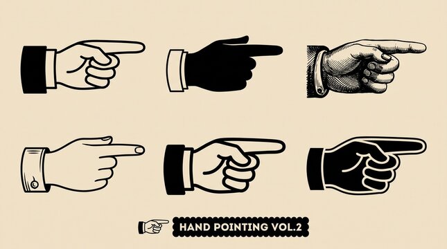 Set of six vintage style pointing hand icons with suit cuffs on a light beige background with illustration