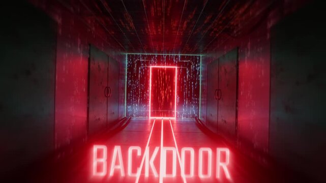 Red futuristic room revealing hidden digital passage, hacking backdoor concept