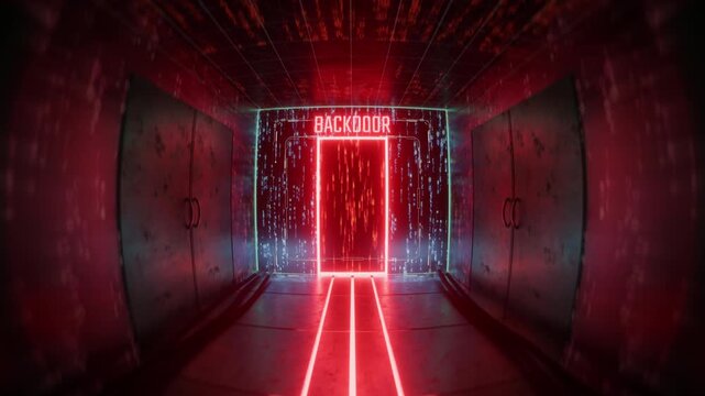 Camera dollying toward mysterious door with programming code, hacker backdoor