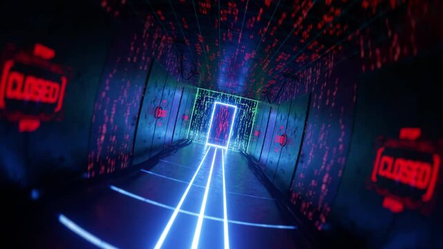Secret door opening to programming code in a room, cyber espionage, dolly shot