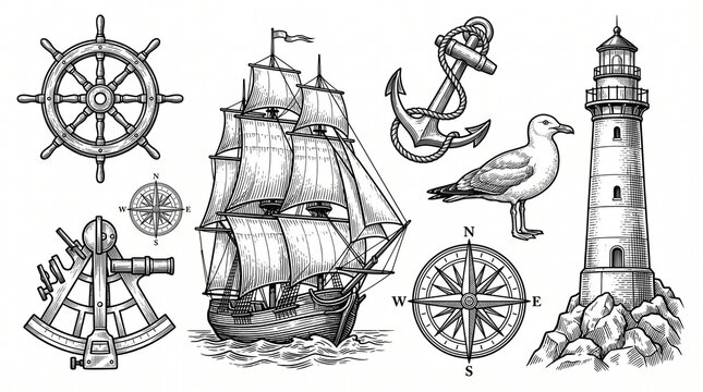 Vintage nautical icon set featuring a sailing ship lighthouse anchor wheel compass with sextant compass roses