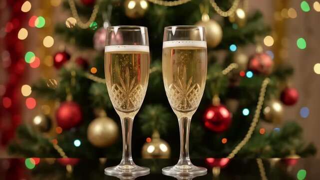 Champagne glasses, wine, holiday tree bokeh background, festive celebration slow motion
