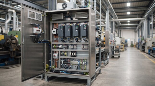 Industrial variable frequency drive control panel inside a modern