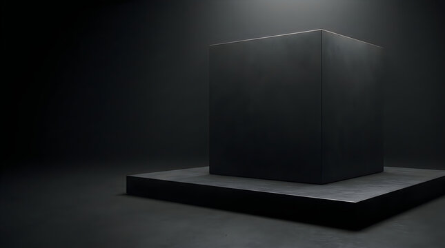 Black rectangular prism product display stand on a square base against a dark background