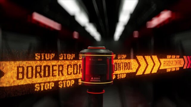 Futuristic border control tape rolling across screen, restricted perimeter alert
