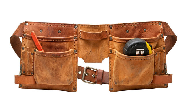 A brown leather tool belt with multiple pockets and a buckle on a transparent background