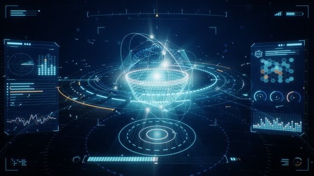 Futuristic 3D Sci Fi HUD Loading Interface with Holographic Particle Globe and Energy Burst Seamless Loop