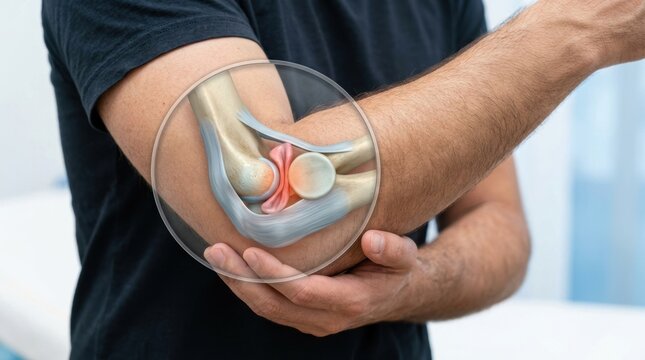 Elbow joint anatomy illustration highlights inflamed tissue as a person supports a bent arm