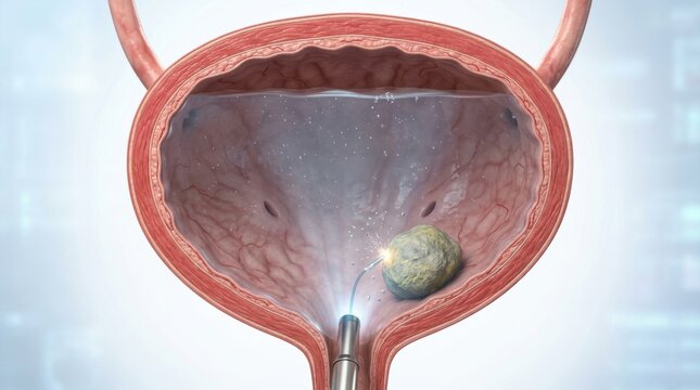 Medical illustration of bladder stone removal using laser treatment during cystoscopy