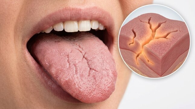 Close-up of a fissured tongue with a medical illustration of cracked surface tissue