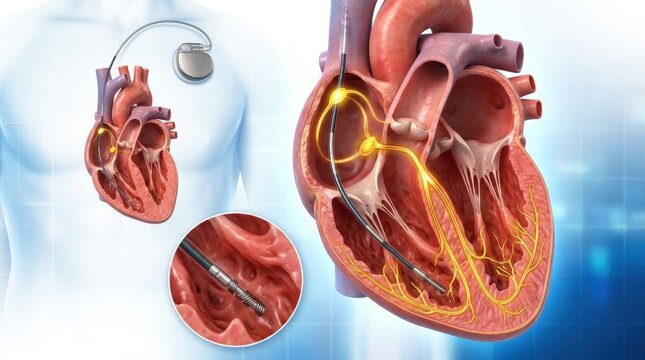 Medical illustration of a cardiac pacemaker lead and the heart&rsquo;s electrical conduction system