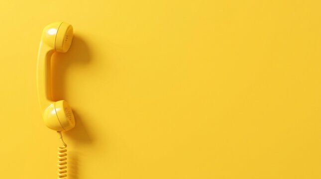 A yellow telephone handset with a coiled cord isolated on a plain matching yellow background surface