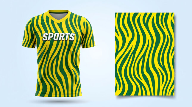V-neck sports jersey mockup with a wavy striped pattern in yellow and green colors for custom apparel and sportswear design templates