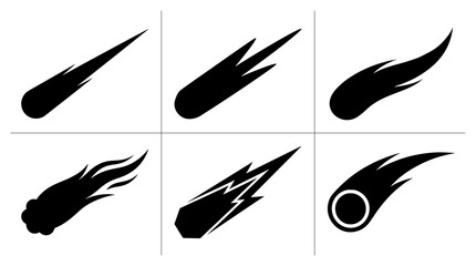 Meteorite silhouettes set with comets and shooting stars, space and astronomy icons © Momin